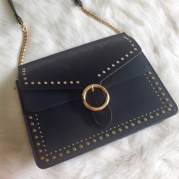 Topshop Peony Black Leather and Suede Shoulder Bag - Picture 1 of 5